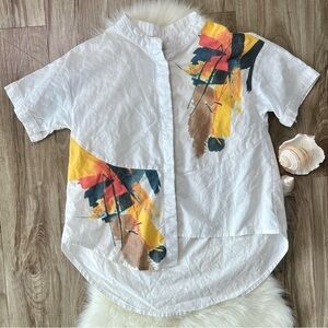 Japanese white cotton graphic button down short sleeve top